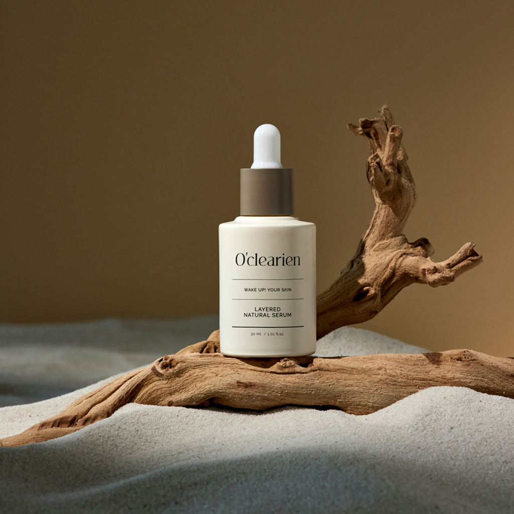 serum on wood against white sand background 