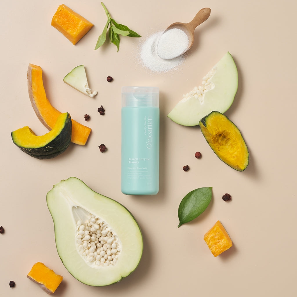healthy fruits and powder surrounding oclearien cleanser 